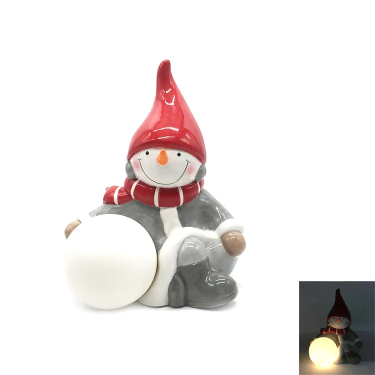 Home Christmas Decor Snowman Shaped Ceramic Decoration LED Lamp