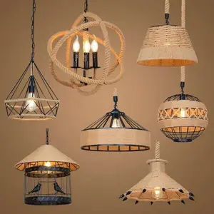 Factory Prijs Retro Industriële Hennep Touw Opknoping Kroonluchter Verlichting Vintage Ijzeren Led Lamp Hanglamp Voor Restaurant