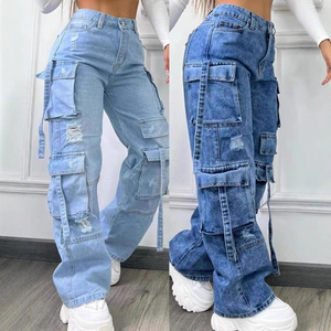 Pantalones de mezclilla de trabajo de pierna recta con múltiples bolsillos, estilo INS, versátiles, holgados e informales para mujer - Product Image 4