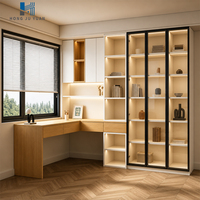 Bureau d'angle en L personnalisé, ton bois, avec bibliothèque vitrée LED intégrée, meuble de rangement pour bureau à domicile