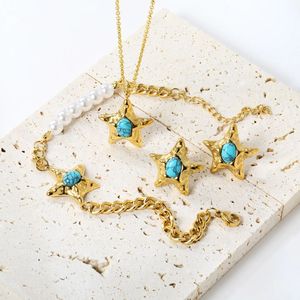 Fashion Jewelry <b>Set</b> Women's Gold Tone Star Turquoise Stone Necklace Earrings <b>Bracelet</b> Rings Party Wear Stainless Steel - Product Image 2