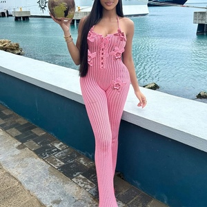 Combinaison tricotée ajourée sexy à col licou pour femme, motif floral, tendance - Product Image 2