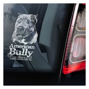 Calcomanía de vinilo troquelada personalizada, resistente al agua y a los rayos UV, para ventana de vehículo, con diseño de 'American Bully a bordo' y 'Letrero de perro' - Product Image 1
