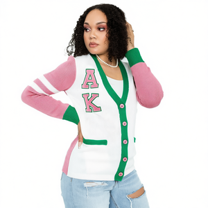 AKA sororité fabricant OEM ODM femmes classique col en V Cardigan broderie tricoté bande pull logo personnalisé cardigan - Product Image 1