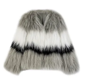 YR1181 High Quality White Raccoon dyed Hand Knitted Fur Jacket