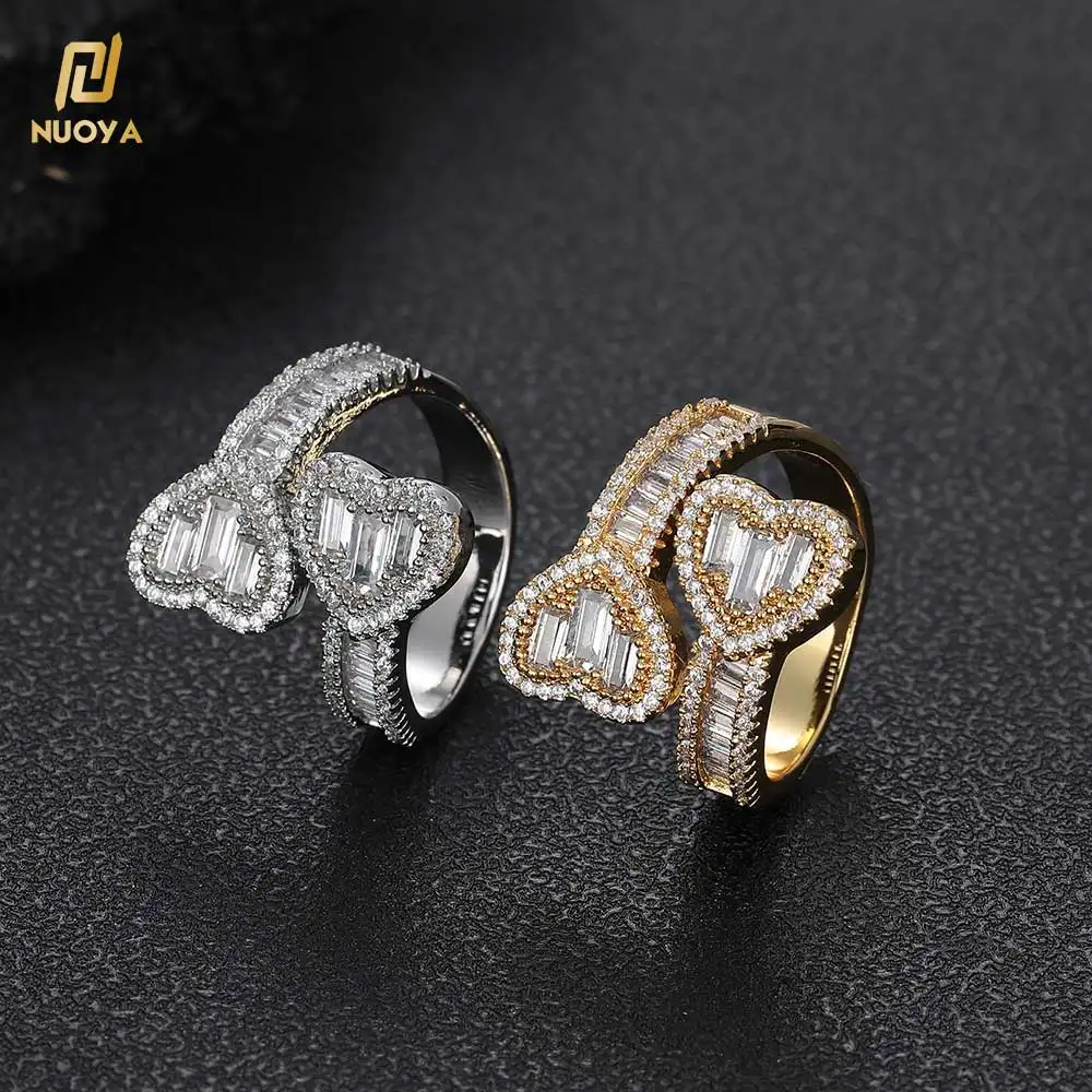 Высокое качество Nuoya багет со льдом CZ в форме сердца бриллиантовое кольцо с двойным сердцем открытый палец кольцо