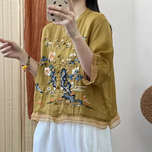 Orange Cotton Linen Short Sleeve Shirt With Embroidery Chinoiserie Pattern Loose Fit Women's Blouse Everyday Wear - Product Image 5