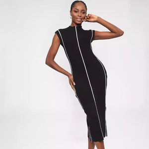 Abito Casual <span class=keywords><strong>lungo</strong></span> <span class=keywords><strong>nero</strong></span> Slim Fit da donna estivo lavorato a maglia in tessuto elasticizzato in vita naturale e lavabile in tinta unita - Product Image 1