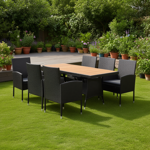 Ensemble de salle à manger d'extérieur en bois d'acacia massif avec rotin noir et structure en acier, mobilier de jardin pour 6 personnes, style contemporain - Product Image 2