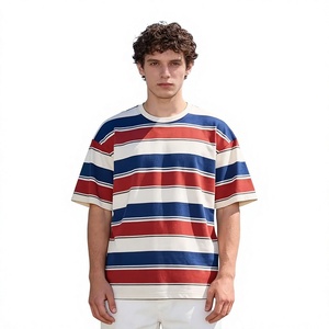 T-shirt décontracté à manches courtes pour homme, coupe ample, en coton 100% anti-boulochage, à col rond, tricoté, à rayures, motif rouge, bleu et blanc - Product Image 5