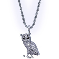 Collier hibou plaqué or avec zircone cubique, chaîne corde, breloque scintillante, cadeau pour homme, bijoux de fête et de rue