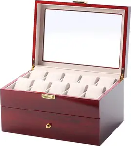 Custom Gift for Christmas Watches Display Case Organizer Watch Collection Boxes Red 20 Slots Wooden Watch Box Glass Top