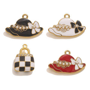 Jimat topi & tas tangan Enamel | 18K PVD berlapis emas baja tahan karat liontin topi mode wanita dengan mutiara & pita untuk membuat perhiasan - Product Image 5