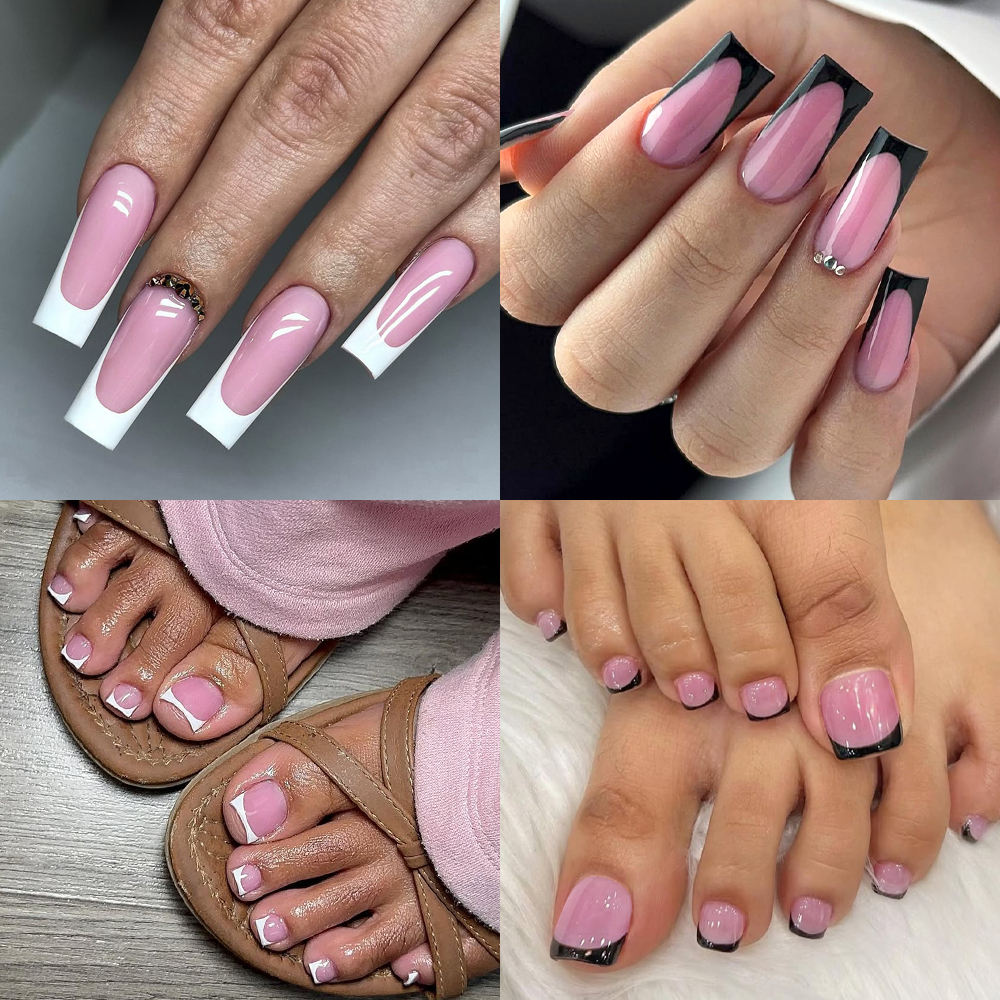 Factory Wholesale False French Toenails Hand Nails Set 60pcs French White Black Tips Square French Soft Press on Acrylic
