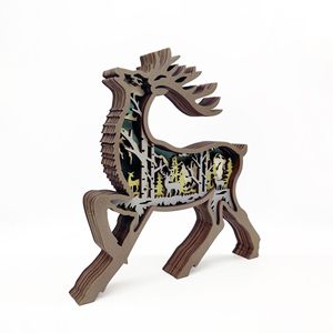 Uionen Multi-layer Hollow Carved Wooden Elk Figurine Creative Animal Craft Home Decorative <b>Ornament</b> - Product Image 4
