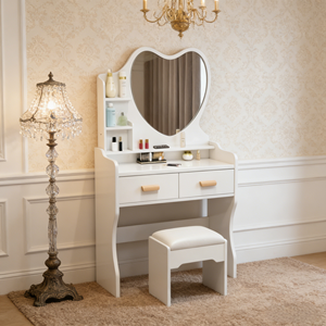 Mesa <span class=keywords><strong>de</strong></span> <span class=keywords><strong>Maquillaje</strong></span> en Forma <span class=keywords><strong>de</strong></span> Corazón en Oferta, con 2 Cajones <span class=keywords><strong>de</strong></span> Almacenamiento y Taburete, para Dormitorio o Apartamento <span class=keywords><strong>Pequeño</strong></span> - Product Image 2