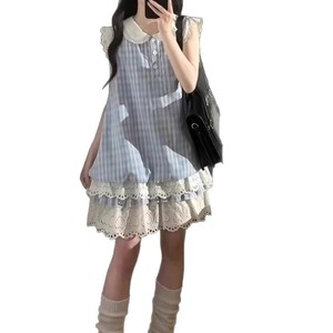 Sweet Cute Summer Plaid Dress Peter Pan Collar Lace Trim Japanese Style Cake Dress Blue Casual Daily Wear - Product Image 5