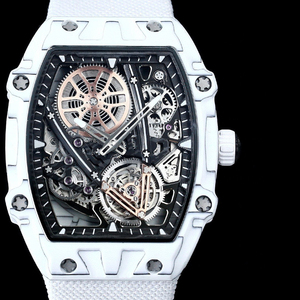 High End Mens Automatic <b>Watch</b> White Carbon Tonneau Case with Rose Gold Skeleton Movement - Product Image 1
