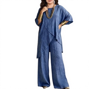 Ensemble 2 pièces bohème en lin pour femme, coupe ample, col rond, manches trois quarts, pantalon large, longueur complète, bleu uni, printemps-été - Product Image 2