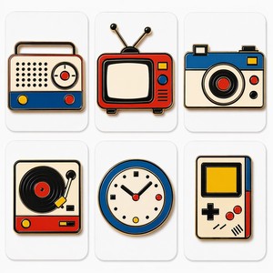 Ensemble d'aimants de réfrigérateur en émail rétro Bauhaus, style Mondrian, radio, télévision, caméra, tourne-disque, <span class=keywords><strong>horloge</strong></span>, Game Boy, art moderne, aimants en métal - Product Image 6