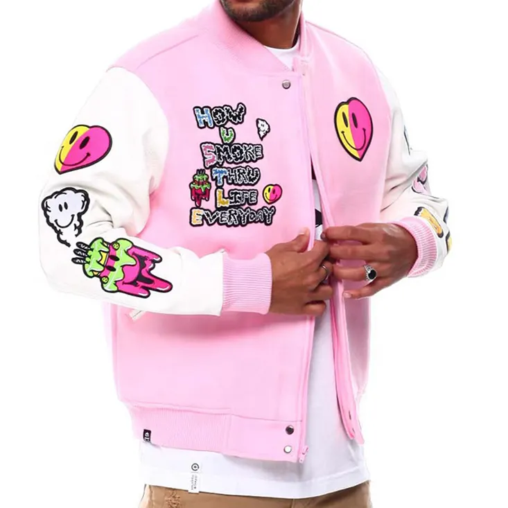 Atacado Personalizado Chenille Bordado Logotipo Grande Design Homens Jaqueta De Couro Mangas Baseball Varsity Jacket