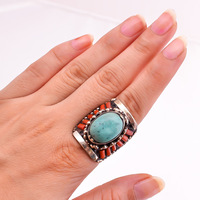 Vente en gros de bagues tibétaines classiques en argent, bijoux de style antique en corail turquoise pour femmes et filles-Cadeau pour mariages et fêtes