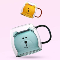 Tasse en verre à double paroi isolée en borosilicate de 250ml en forme d'ours mignon avec poignée en paille de couvercle en bambou pour café lait thé