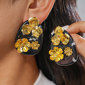 Vintage Flower Stud Earrings Gold Plated Acrylic <b>Resin</b> Women's Party Jewelry - Product Image 1