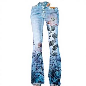 Pantalones Largos de Mezclilla para Mujer, Corte Bootcut, 100% Algodón, Transpirables, Cintura Baja, 2 Bolsillos, Estampado Digital, Top Ventas - Product Image 4