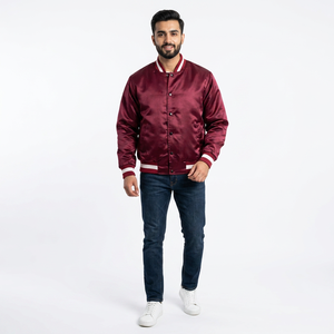 Custom Embroidered 100% Cotton Satin <b>Baseball</b> <b>Jacket</b> <b>Men's</b> Street Style Varsity Windbreaker with Stand Collar - Product Image 1