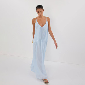 Robe midi en ramie pour femme, style vacances à la française, robe de soirée unie, chic décontracté, bleu clair - Product Image 3