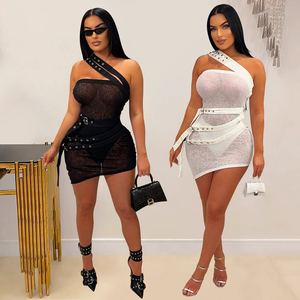 Vestido con cinturón Ver a través Irregular Hombro inclinado Mini vestido Mujer Night Out Club Wear - Product Image 1