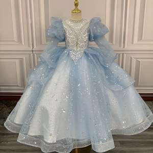 Abito da ballo per bambine 2026 con paillettes, in tulle azzurro, stile <span class=keywords><strong>principessa</strong></span>, con maniche a sbuffo e ricami, abito formale da festa, abito da concorso per bambini - Product Image 5