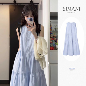 S1MAN1 Sleeveless Tiered Dress Light Blue O Neck Loose Fit Casual Daily Wear - Product Image 1