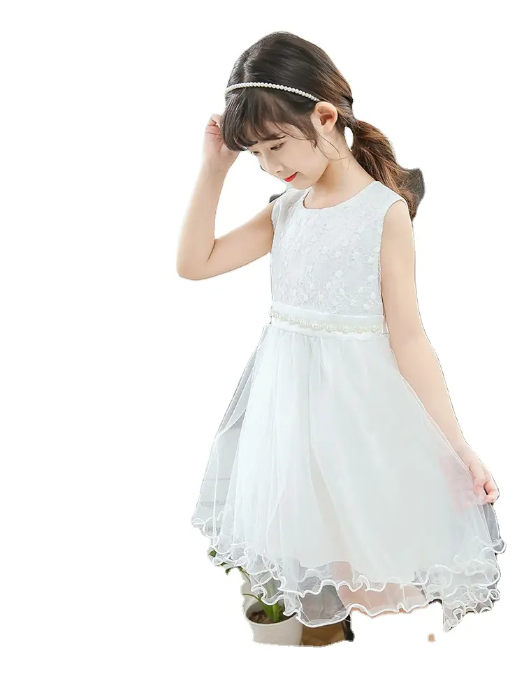 Kinder Kleidung Thailand Koreanisch Elegant Elfenbein Abend Großhandel Mädchen Perle Spitze Hochzeit Prinzessin Kleid