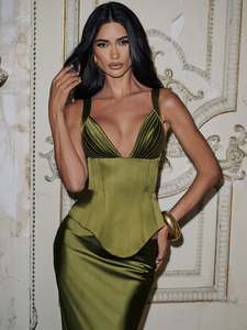 Élégant ensemble de sirène en satin <span class=keywords><strong>vert</strong></span> olive avec col en V profond et dos à lacets pour invité de fête de mariage <span class=keywords><strong>robe</strong></span> de soirée formelle 2 pièces - Product Image 6