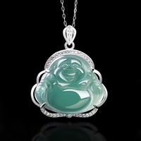 Pendentif Amitabha Bouddha en argent S925, bleu émeraude naturel, avec un pendentif en pierre de jade de qualité glace.