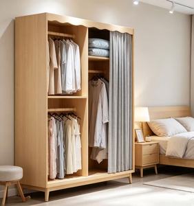 Armoire en bois moderne avec porte coulissante en tissu, grande capacité de rangement pour vêtements, style scandinave pour chambre à coucher - Product Image 2