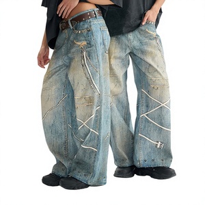 Jeans en denim streetwear de haute qualité personnalisés, taille mi-haute, délavés, coupe oversize, jambe large et ample pour hommes, vente en gros - Product Image 1