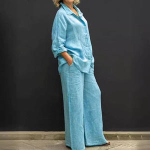 FTS <b>Linen</b> Blend Casual Everyday Button-Up Shirt & Wide Leg Pants <b>Two</b>-<b>Piece</b> Set with DDP Shipping & 1688 Buying Service - Product Image 4