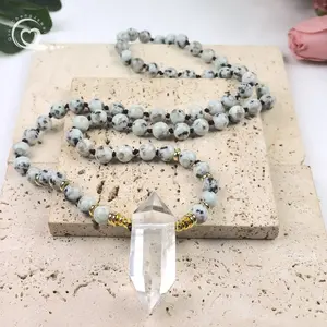 सफेद क्वार्ट्ज क्रिस्टल डबल पॉइंट पेंडेंट योग नेकलेस हस्तनिर्मित 8 मिमी कीवी जैस्पर महिला माला गहने - Product Image 4