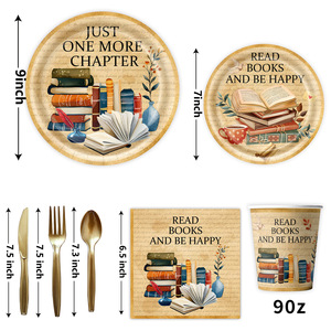 Retro Books Party Supplies Paper Plates Cups Napkins 60-80 Pcs Reading Theme Birthday Decorations Environment Friendly - Product Image 4
