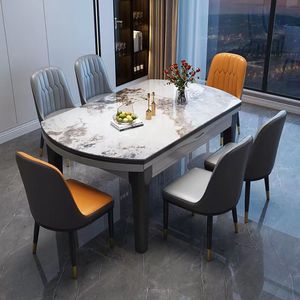 Modern Style Solid Wood Oak Durable <strong>Extendable</strong> Dining <strong>Table</strong> Marble Top Metal <strong>Legs</strong> Foldable Design 6-Seater Home Furniture - Product Image 5