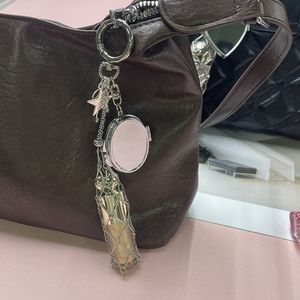 Porte-clés personnalisable en acier inoxydable avec pochette en filet métallique pour rouge à lèvres, motif <span class=keywords><strong>cerise</strong></span>, miroir étoile et cœur, pour femme, pour baume à lèvres - Product Image 1