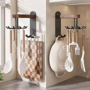 <b>Kitchen</b> Wall Mounted Rotating <b>Hook</b> Walnut Wood Storage Rack For Spatulas Spoons Cutting Boards Punch Free - Product Image 1