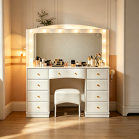 En gros Coiffeuse moderne blanche pour hôtel avec miroir LED, 9 tiroirs et tabouret rembourré, mobilier de chambre