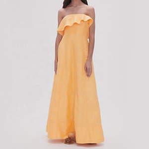 Tongrui 2023 nouveau Design <span class=keywords><strong>robe</strong></span> sans bretelles jaune sans manches <span class=keywords><strong>robe</strong></span> <span class=keywords><strong>lin</strong></span> coton hors épaule <span class=keywords><strong>robe</strong></span> pour les femmes - Product Image 2