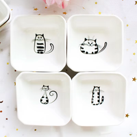 Lot de petits plats carrés en céramique blanche style japonais, motif chat mignon, pour sauce soja, vinaigre et assaisonnements de cuisine