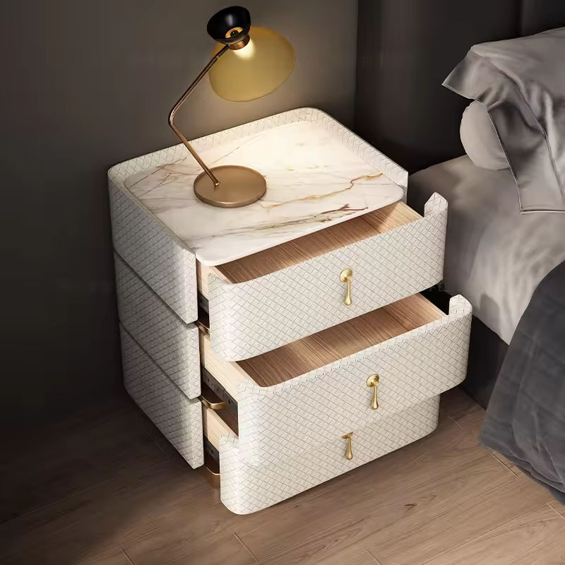 Luxury Leather Bedside Table with Stone Top – High-End Wooden 3-Drawer Nightstand for Bedroom Storage & Modern Home Furniture - View 3