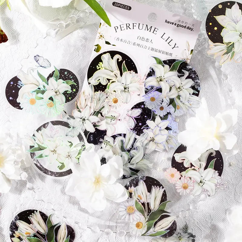 20 parça/paket çıkartmalar Lilium Casa Blanca serisi sanatsal çiçek lazer gümüş günlüğü malzeme çiçek günlüğü etiket 6 modelleri